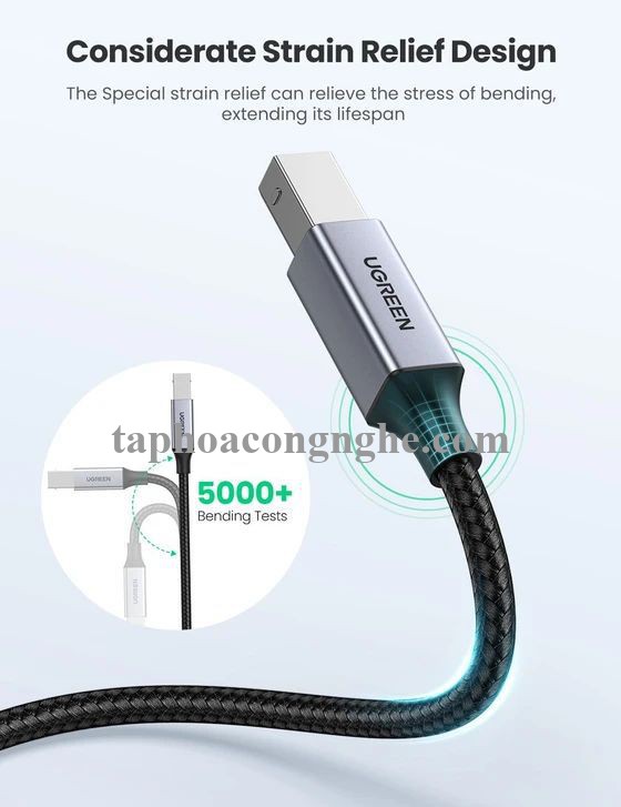 Ugreen 80808 3M màu xám đầu nhôm cáp USB type C ra usb B máy in dây dù US370 30080808